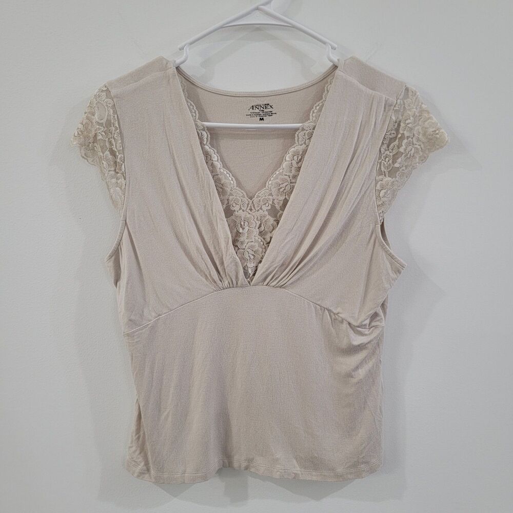 Y2K Womens Babydoll Top Size Medium Tan Lace Fairy Preppy‎ 2000s
